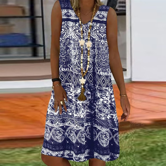 Sleeveless V Neck Elegant Loose Print Retro Boho Print Casual Dress