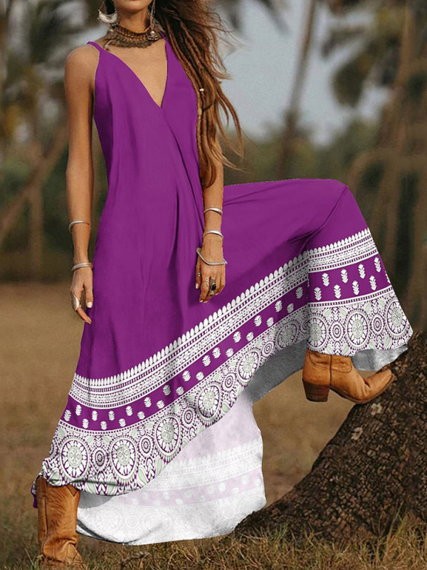 Fashion Sexy Backless Beach Panel Deep V Neck Sleeveless Loose Party Maxi Dress