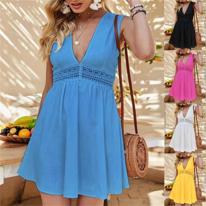 Fashion Bohemian V-neck Lace Sleeveless Hollow  Casual Dress