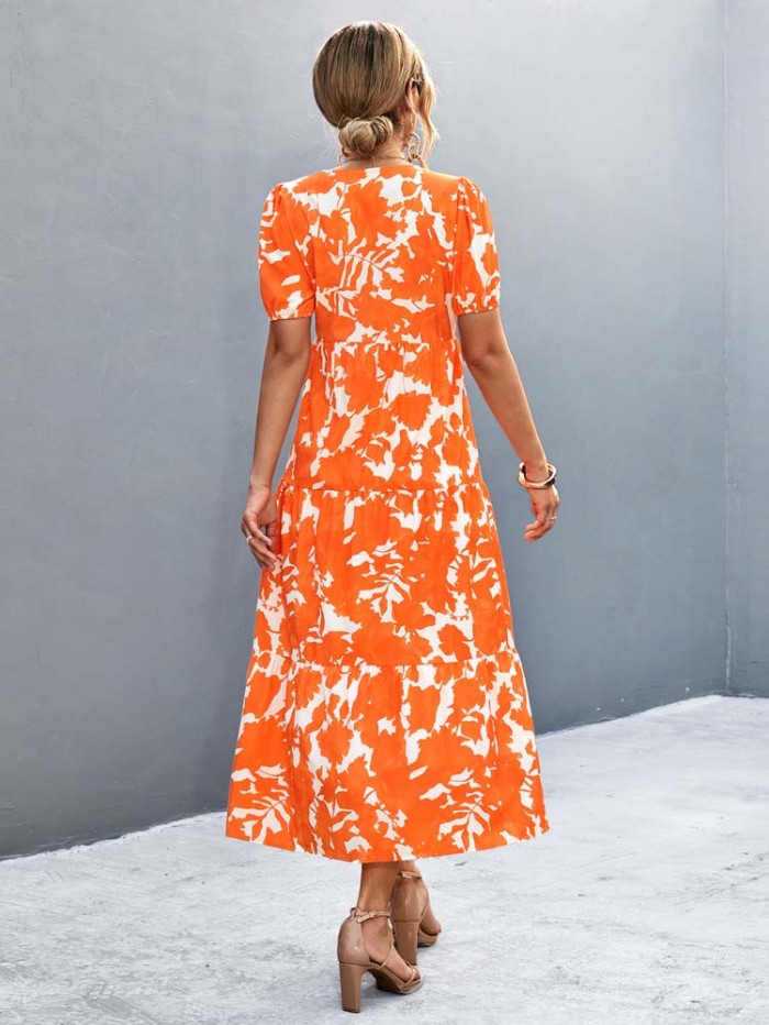 Floral Button V Neck Floral Boho  Maxi Dress