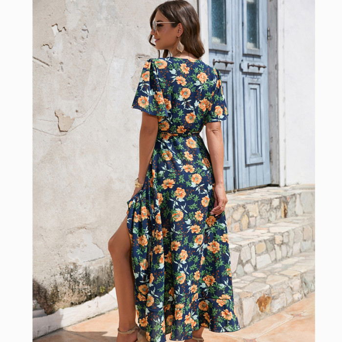Summer Fashion V Neck Beach Vintage Print Lace Up Boho  Maxi Dress