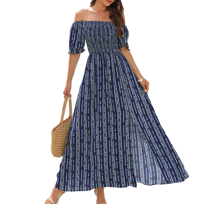 Summer Barrel Neck Elegant Slit Pleated Casual Loose Office  Wedding Guest Dress