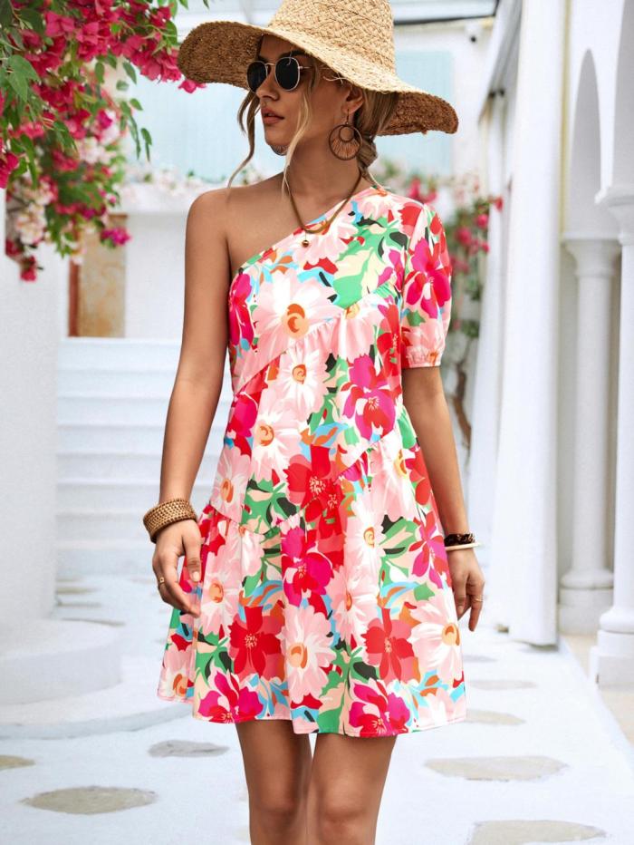 Women Off Shoulder Irregular Vintage Slash Neck Puffy Elegant  Casual Dress