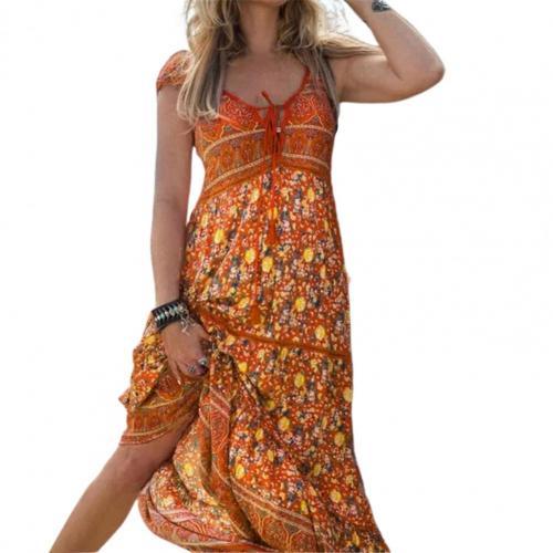 Women's Floral Print Tie Vintage Sleeveless Bohemian V Neck Backless Party Maxi Dress