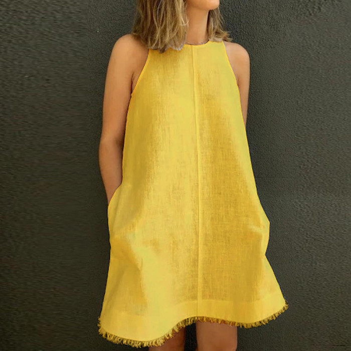 Summer Loose Cotton Linen Casual O-neck Sleeveless Fashion Tassel Party  Casual Dress