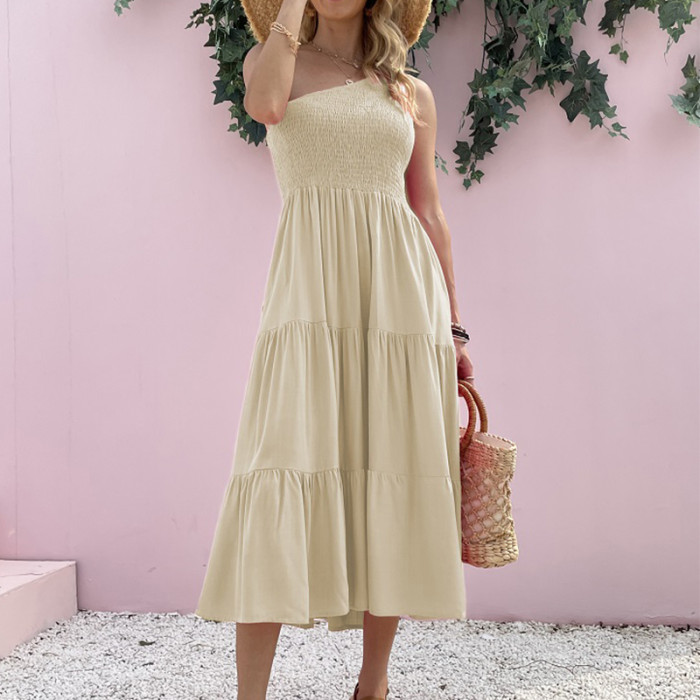 Women's Boho Sexy Elegant One Shoulder Party Pocket Pleated  Maxi Dress