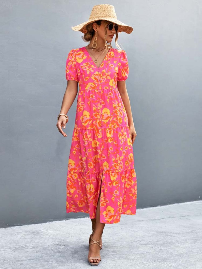 Floral Button V Neck Floral Boho  Maxi Dress