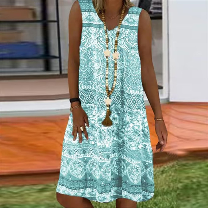 Sleeveless V Neck Elegant Loose Print Retro Boho Print Casual Dress