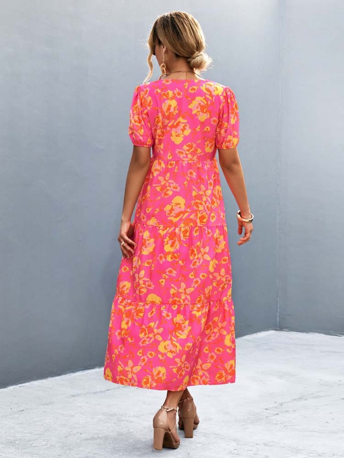 Floral Button V Neck Floral Boho  Maxi Dress
