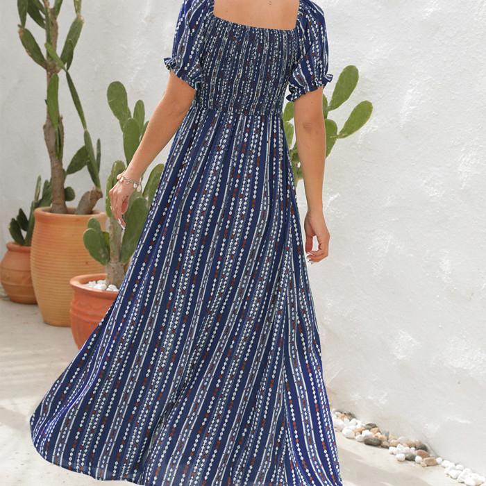 Summer Barrel Neck Elegant Slit Pleated Casual Loose Office  Wedding Guest Dress