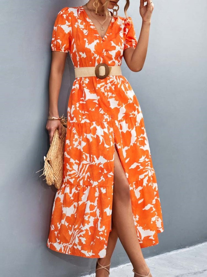 Floral Button V Neck Floral Boho  Maxi Dress