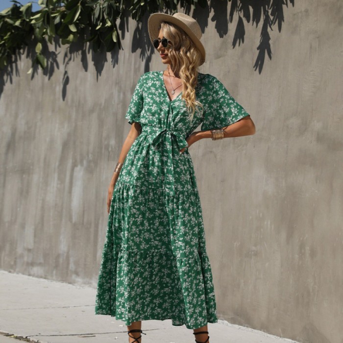 Women's V-neck Floral Sexy Loose Stitching Casual Fashion  Maxi Dress