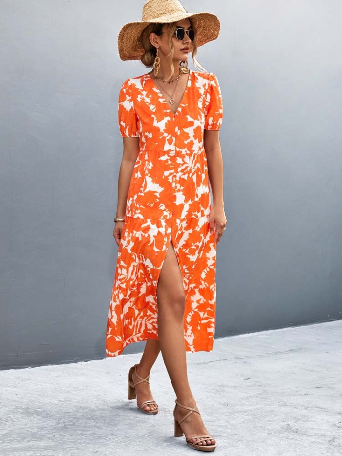 Floral Button V Neck Floral Boho  Maxi Dress