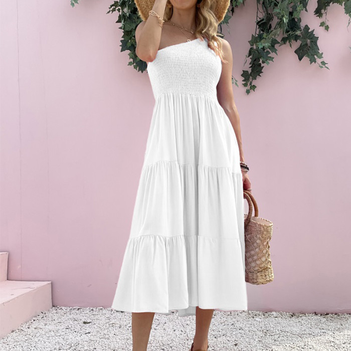Women's Boho Sexy Elegant One Shoulder Party Pocket Pleated  Maxi Dress