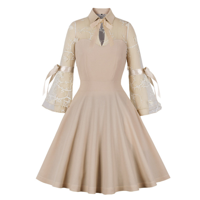 Trendy Mesh Bell Sleeve Sexy Retro A-Line Pocket Wedding Guest Dress