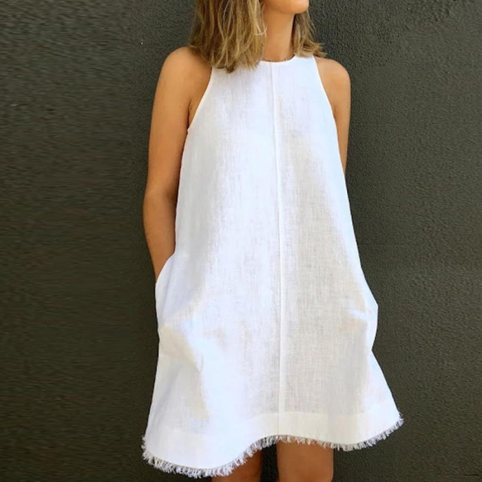 Summer Loose Cotton Linen Casual O-neck Sleeveless Fashion Tassel Party  Casual Dress