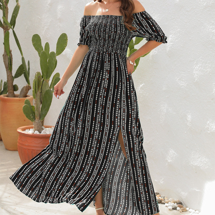 Summer Barrel Neck Elegant Slit Pleated Casual Loose Office  Wedding Guest Dress