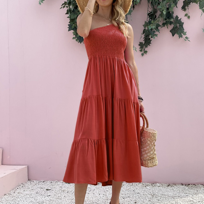 Women's Boho Sexy Elegant One Shoulder Party Pocket Pleated  Maxi Dress