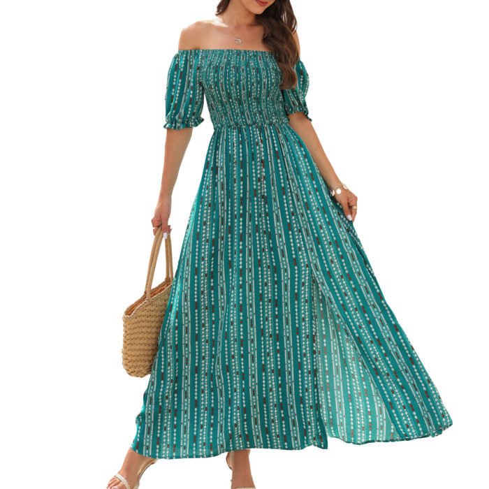 Summer Barrel Neck Elegant Slit Pleated Casual Loose Office  Wedding Guest Dress