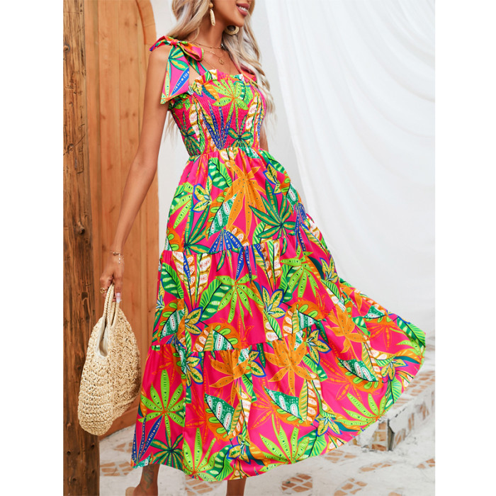 Holiday Boho Sleeveless Beach Vacation Print Elegant Maxi Dress