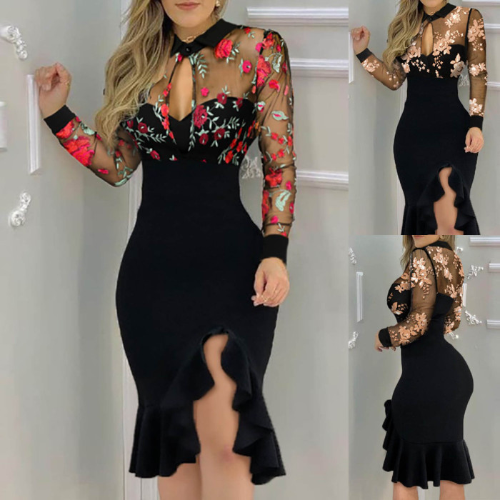 Sexy Elegant Slit Ruffle Hem Floral Fit Lace Long Sleeve  Bodycon Dress