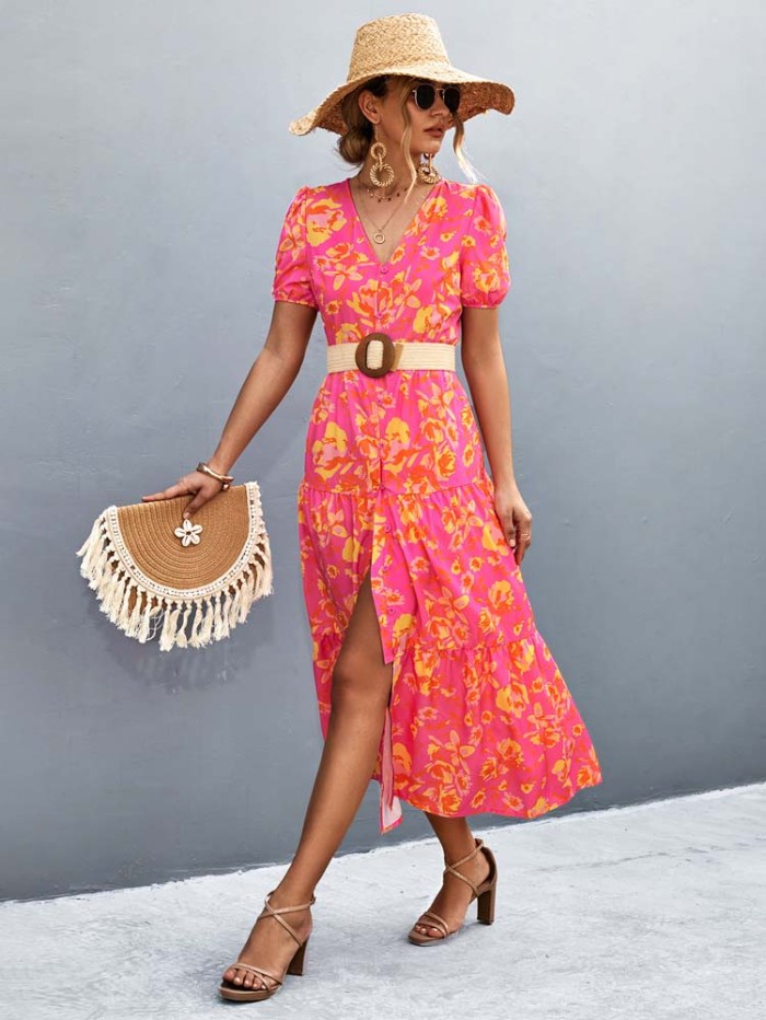 Floral Button V Neck Floral Boho  Maxi Dress