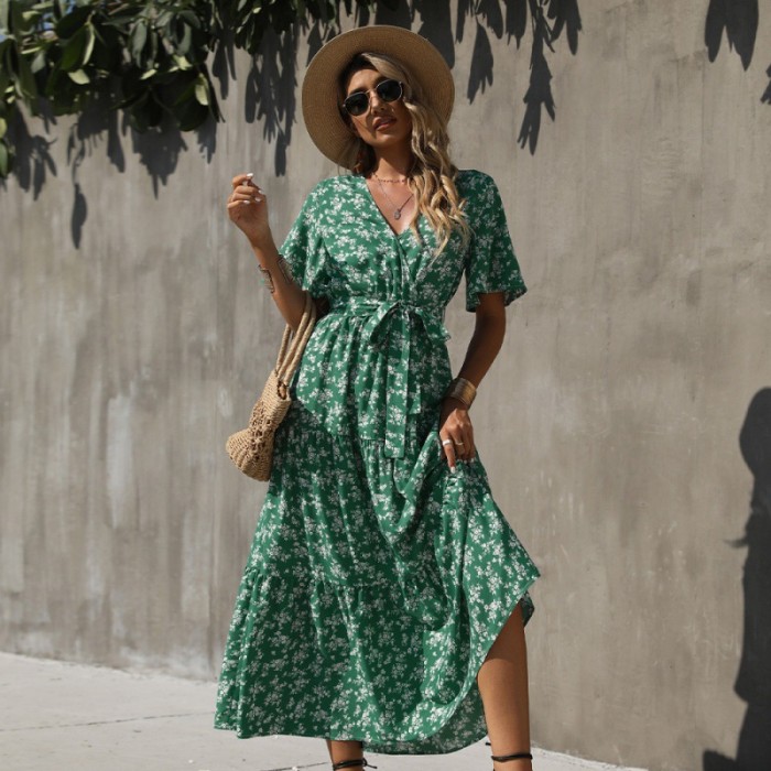 Women's V-neck Floral Sexy Loose Stitching Casual Fashion  Maxi Dress