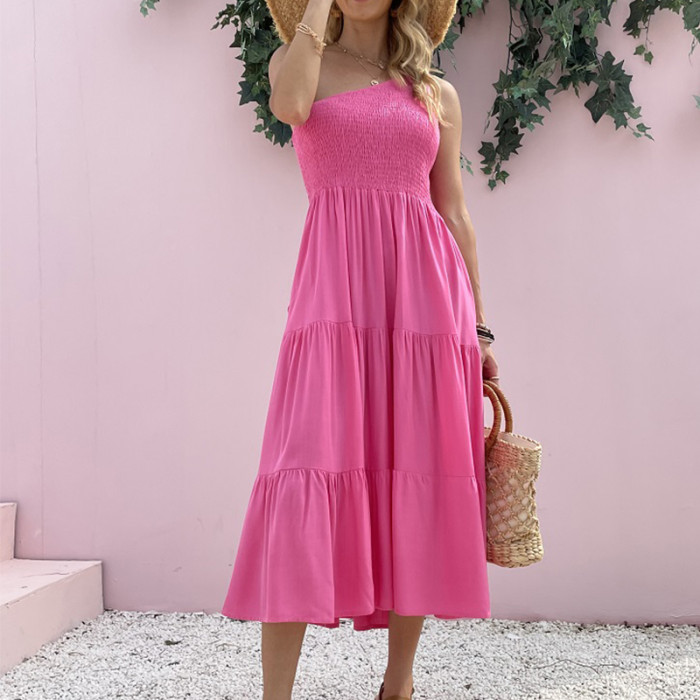 Women's Boho Sexy Elegant One Shoulder Party Pocket Pleated  Maxi Dress