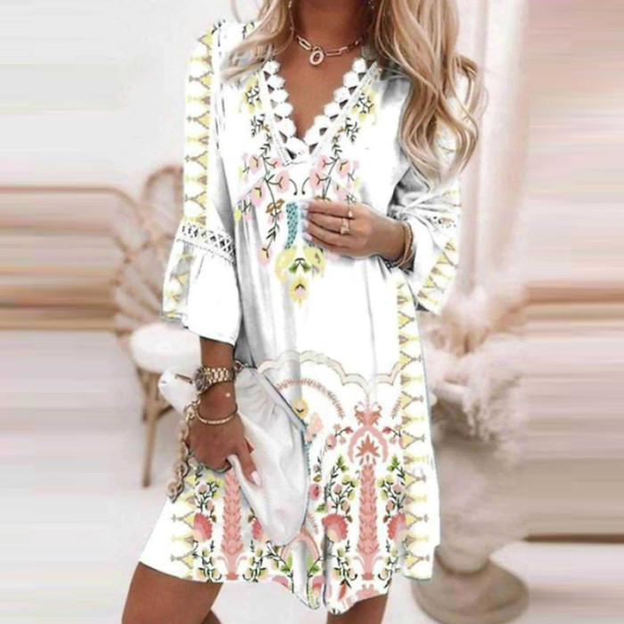 V Neck Embroidered Lace Boho Elegant Print Casual Beach Dress