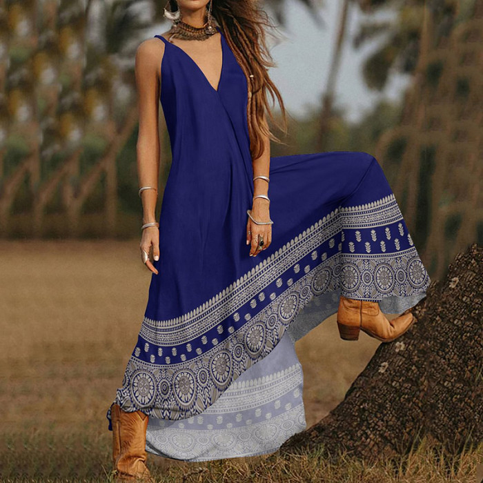 Fashion Sexy Backless Beach Panel Deep V Neck Sleeveless Loose Party Maxi Dress