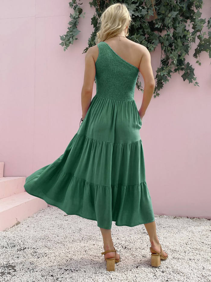 Women's Boho Sexy Elegant One Shoulder Party Pocket Pleated  Maxi Dress