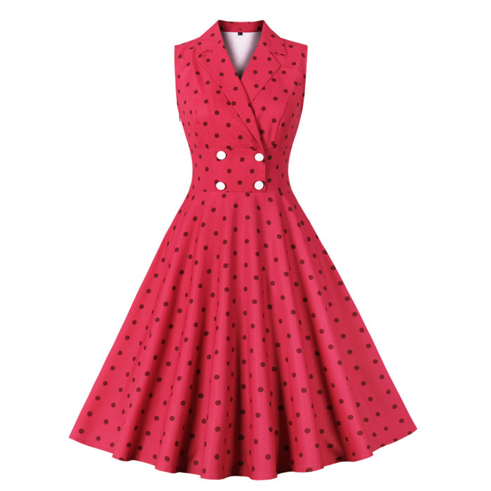 Sleeveless Vintage Elegant Swing Polka Dot Print '50s Mid Length Wedding Guest Dress