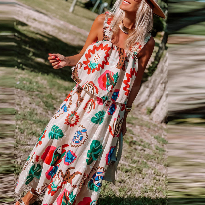 Bohemian Print Beach Fashion Sleeveless Casual Square Neck  Maxi Dress