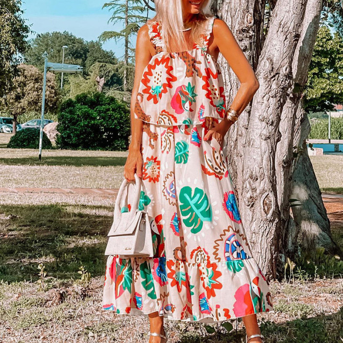 Bohemian Print Beach Fashion Sleeveless Casual Square Neck  Maxi Dress