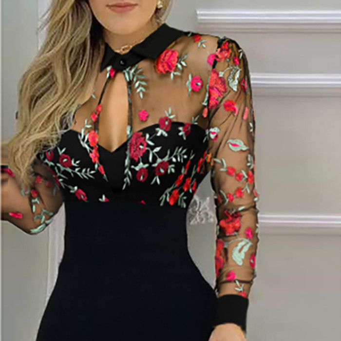 Sexy Elegant Slit Ruffle Hem Floral Fit Lace Long Sleeve  Bodycon Dress