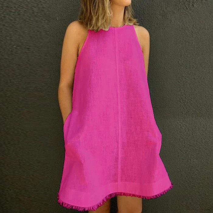 Summer Loose Cotton Linen Casual O-neck Sleeveless Fashion Tassel Party  Casual Dress
