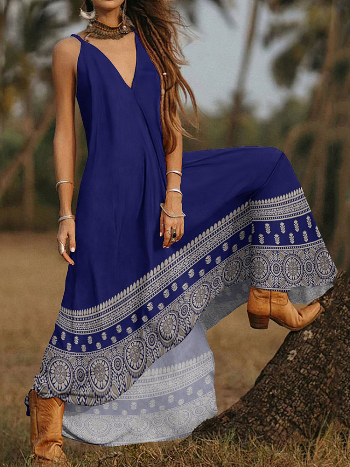 Fashion Sexy Backless Beach Panel Deep V Neck Sleeveless Loose Party Maxi Dress