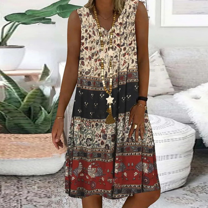 Sleeveless V Neck Elegant Loose Print Retro Boho Print Casual Dress