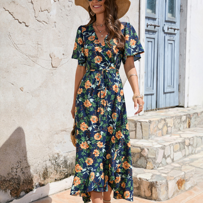 Summer Fashion V Neck Beach Vintage Print Lace Up Boho  Maxi Dress