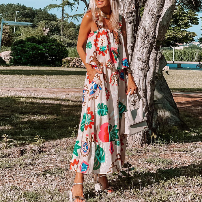 Bohemian Print Beach Fashion Sleeveless Casual Square Neck  Maxi Dress