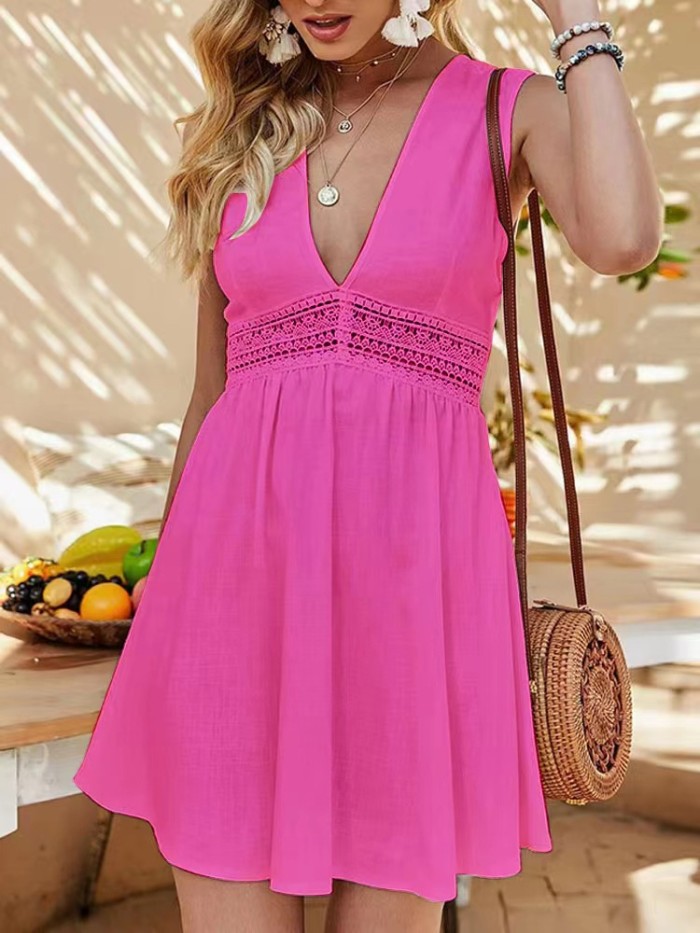 Fashion Bohemian V-neck Lace Sleeveless Hollow  Casual Dress