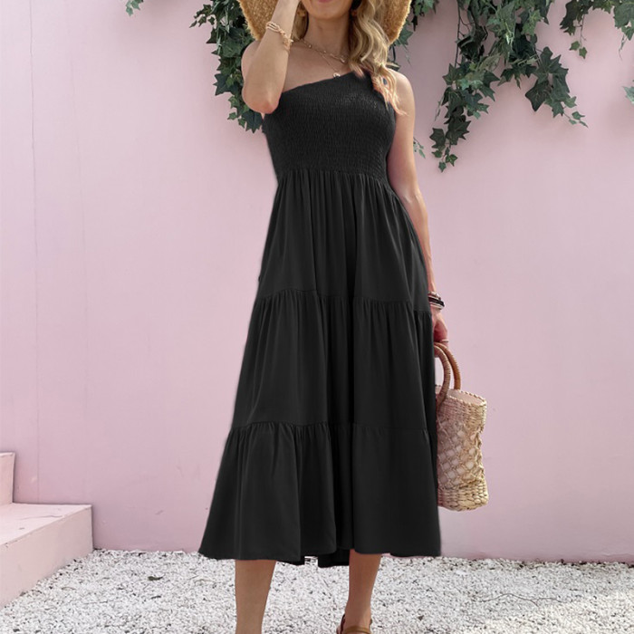 Women's Boho Sexy Elegant One Shoulder Party Pocket Pleated  Maxi Dress