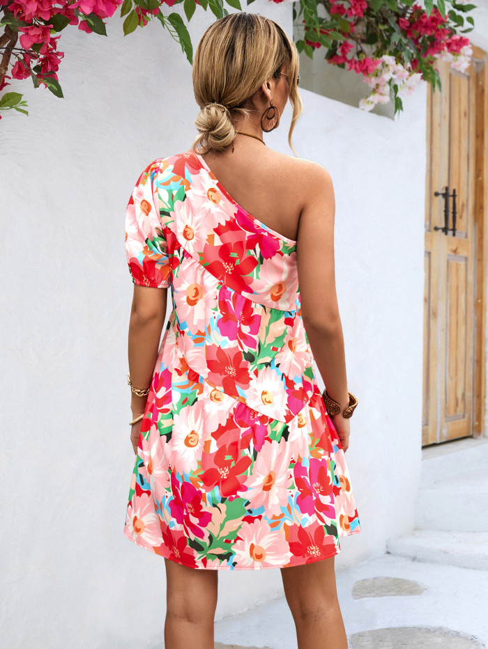 Women Off Shoulder Irregular Vintage Slash Neck Puffy Elegant  Casual Dress