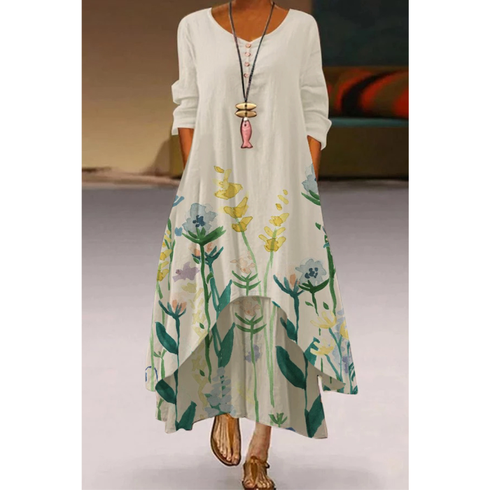 Casual Elegant Long Sleeve Fashion Floral Loose O-Neck Maxi Dress