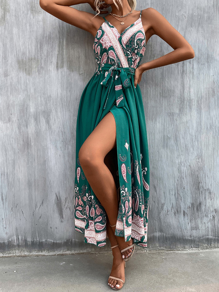 Summer Fashion Sexy V Neck Sleeveless Backless Boho Vintage Casual  Maxi Dress