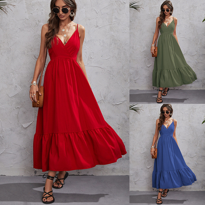 Summer Solid Color Sexy Suspenders Party Casual Maxi Dress