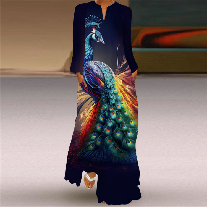 Women's Fashion Sexy Printed Long Sleeve V Neck  Wedding Guest Dress