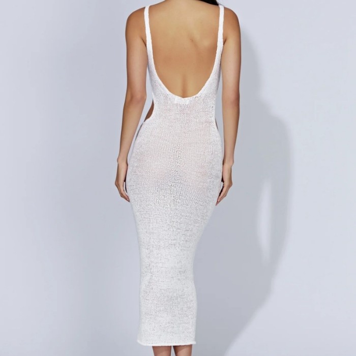 Summer Knitted Sleeveless Hollow Sexy Backless Holiday Bodycon Dress
