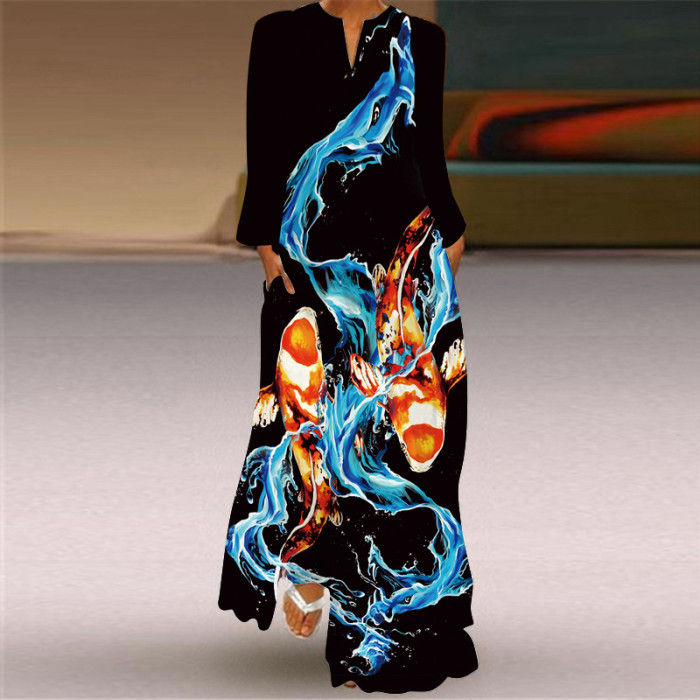 Women's Fashion Sexy Printed Long Sleeve V Neck  Wedding Guest Dress