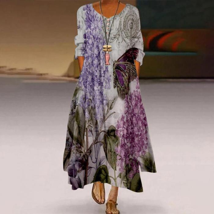 Ethnic O Neck Half Sleeve Pocket A Line Print Irregular Hem  Casual Dress